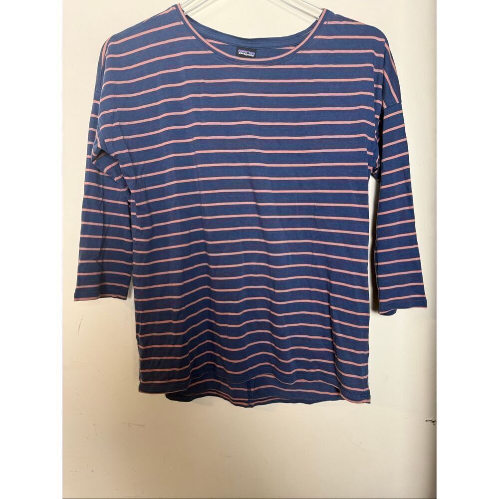 Patagonia Shallow Seas 3/4 Sleeve Top M Navy Peach Stripe Travel Casual Everyday